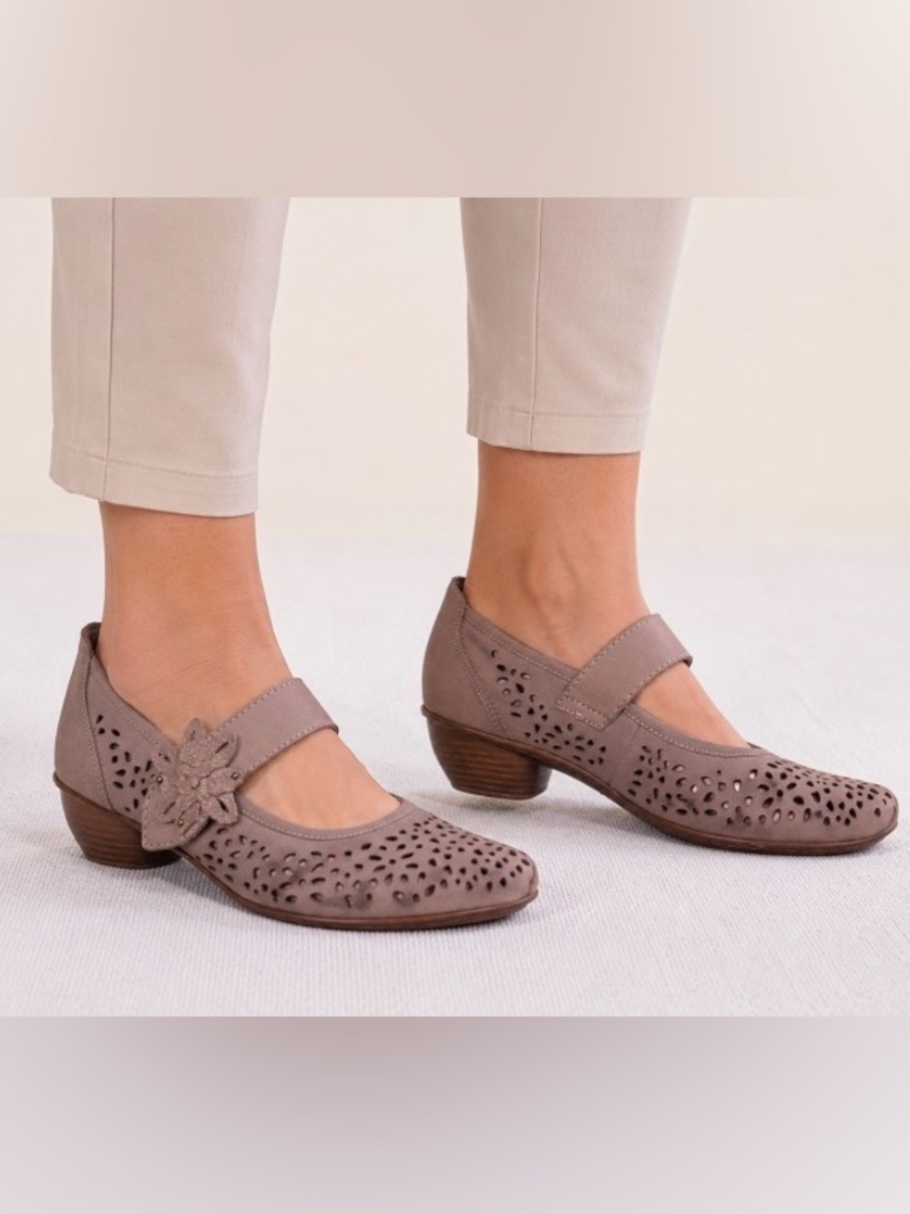 Rieker perforated leather Mary Jane Pumps with block heel and hook & loop strap